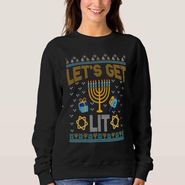 Moletom Let's Get Lit Hanukkah Jew Menorah Jewish Chanukka (Frente)