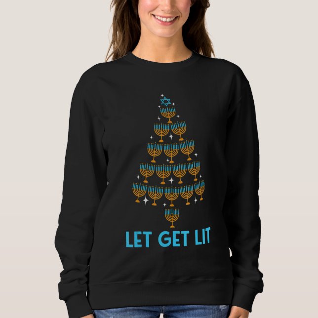 Moletom Lets Get Lit Menorah Christmas Tree Ugly Hanukkah  (Frente)