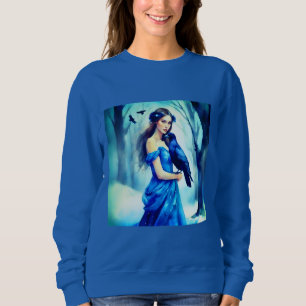 Moletom Linda mulher com um Raven, em uma Floresta Neve