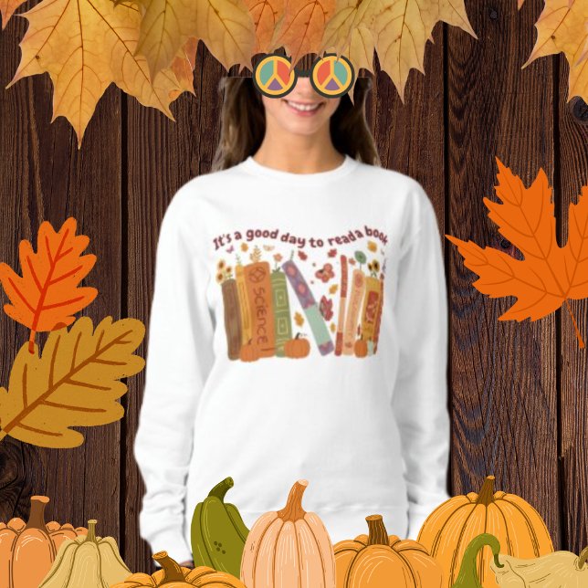 Moletom Livro de livros Amantes, OrangePumpkin e Folhas de (Bookish book Lovers Shirt; Women's Basic Sweatshirt Wight color, cute orange pumpkin, fall/autumn, )