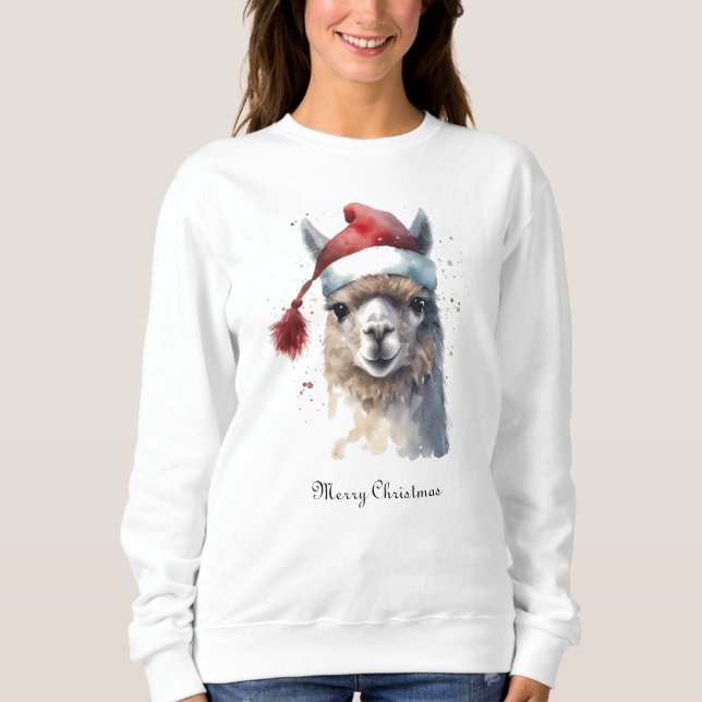 Moletom Llama de Natal com Chapéu de Papai Noel e Texto Pe (Frente)