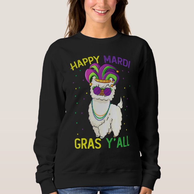 Moletom Llama Mardi Gras Segurando Máscara E Bead Ama Mard (Frente)