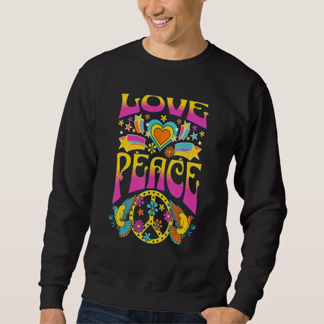 MOLETOM LOVE PEACE 60S 70S RETRO COLORFUL FLOWERS HEART (Frente)