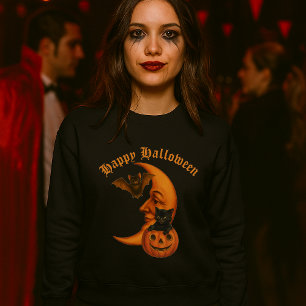Moletom Lua Retro, Abóbora, Gato Preto e Bat Halloween