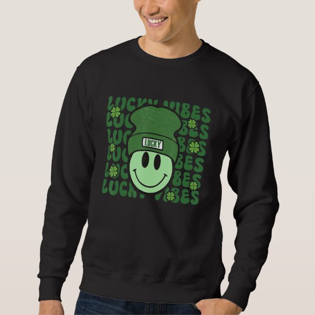 Moletom Lucky Vibes St. Patrick's Day Groovy Happy Face wi (Frente)
