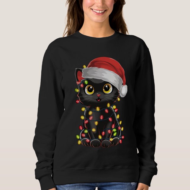 Moletom Luzes de árvore de Natal de gato preto, kitten eng (Frente)
