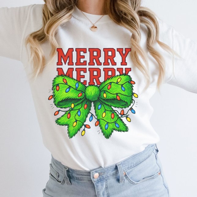 Moletom Luzes de Natal Alegre Alegre Laço Verde Feriado (Merry Merry Christmas Sweatshirt Green Bow with Christmas lights. Festive Gift for her, mom)