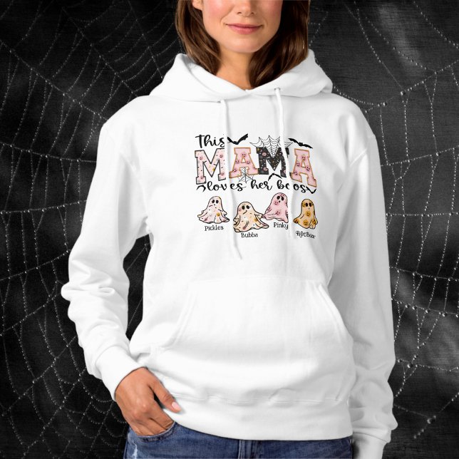 Moletom Mama do Dia das Bruxas Adora Seu Gráfico De Boos (Mama Loves Her Boos Hoody- Personalize with Kids Names or Nicknames Ghosts)