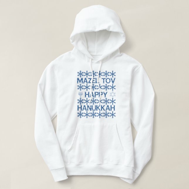 Moletom Mazel Tov Happy Hanukkah Snowflakes Partido Judeu (Frente do Design)
