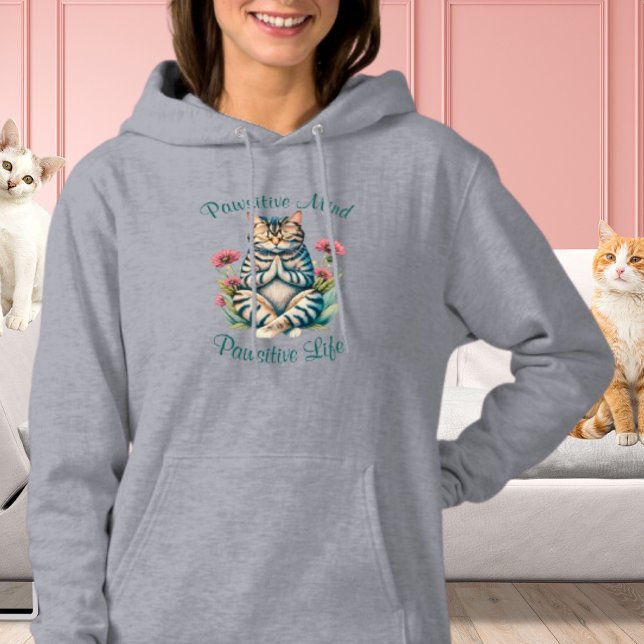 Moletom Meditação Engraçada Citação Positiva Inspirativa G (Positive Mind Positive Life Funny Inspirational Quote Cat Pun Hoodie )