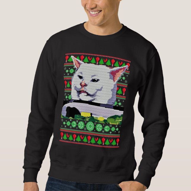 Moletom Meme Dress Woman Yelling At A Cat Ugly X mas Sweat (Frente)