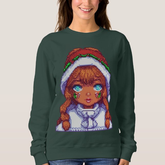 Moletom Menina Pixelart vestindo chapéu de Papai Noel (Frente)