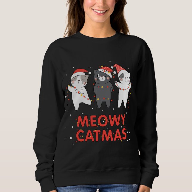Moletom Meowy Catmas Novelty Gato Povoado na Luz de Natal (Frente)