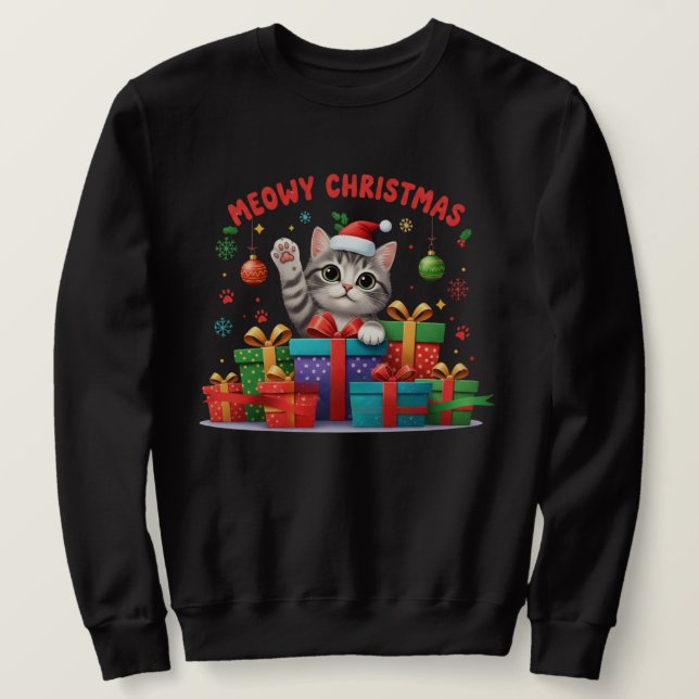 Moletom Meowy Christmas Gift Cat – Cute Holiday T-Shirt (Frente do Design)