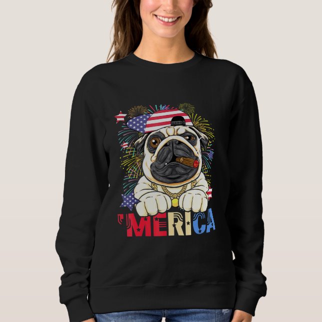 Moletom Merica Pug USA Flag Boné Fireworks 4 De Julho Patr (Frente)