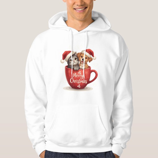 Moletom Merry Christmas Cat and Dog in Mug Hoodie Cute Pet (Frente)