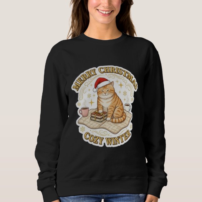 Moletom Merry Christmas Cozy Winter Cat Book Lover T-Shirt (Frente)