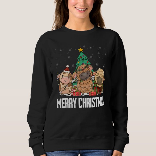 Moletom Merry Christmas Cute Highland Cows Xmas Tree (Frente)