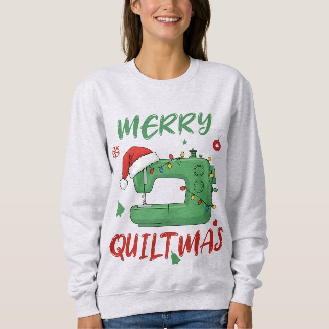 Moletom Merry Quiltmas Christmas Sewing Machine Funny Xmas (Frente)