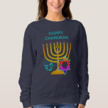 Moletom Modern Hanukkah HAPPY CHANUKAH<br><div class="desc">Camisola unissexo moderna de Hanukkah FELIZ CHANUKAH, com TEXTO PERSONALIZÁVEL, desenhado com a falsa menorah dourada, estrela colorida de David e sonho prateado mais GREETING PERSONALIZÁVEL, para que você possa criar sua própria saudação. Suéter ideal para homens ou mulheres na estação de Chanucá. Escolha entre uma ampla seção de roupas...</div>