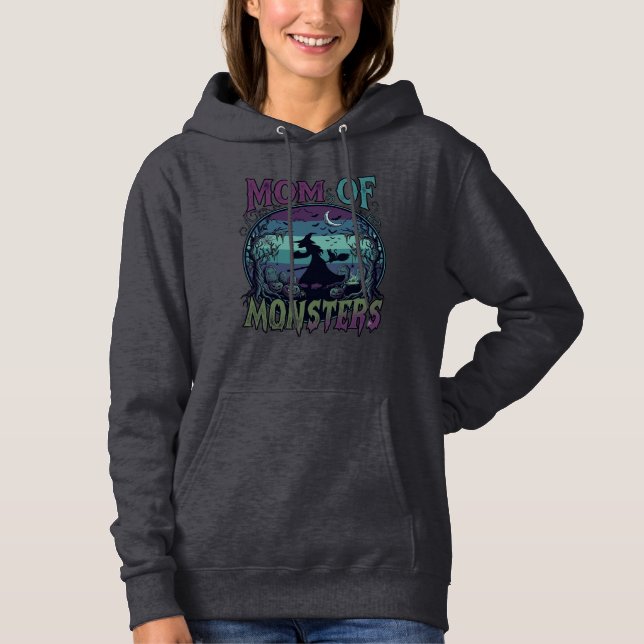 Moletom Monstros Mãe Halloween Bruxa Lua Abóboras Cemitéri (Frente)