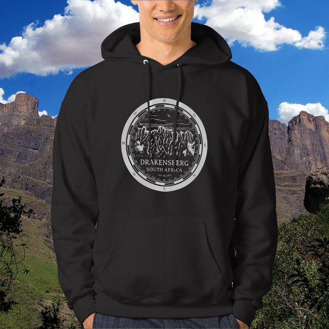 Moletom Montanhas Drakensberg - África do Sul (Drakensberg Mountains Hoodie in Back with a white compass and mountain illustration)
