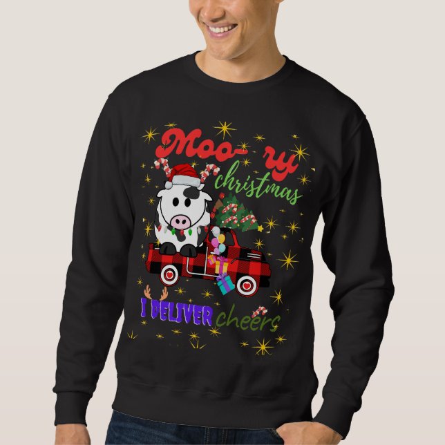 Moletom Moo-ry Christmas Cow in Plaid Truck Holiday design (Frente)