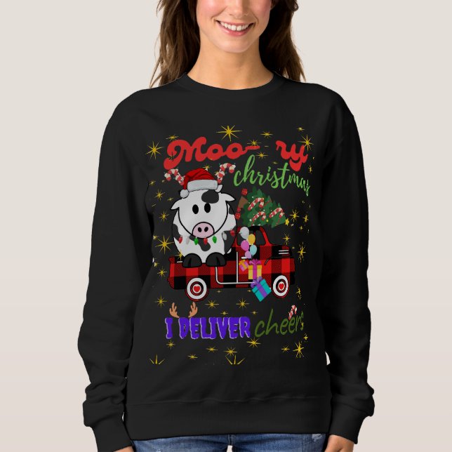 Moletom Moo-ry Christmas Cow in Plaid Truck Holiday design (Frente)