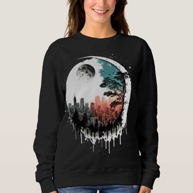 Moletom Moon Skyline City By Night Crescent Moon Aesthetic (Frente)