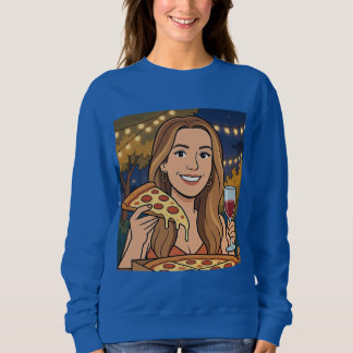 Moletom Mulher apreciando vinho e pizza ao ar livre