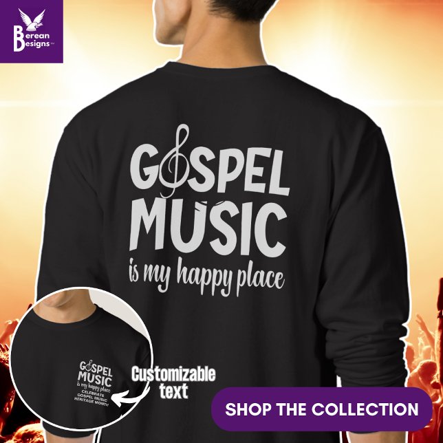 Moletom MÚSICA GOSPEL É MEU LUGAR FELIZ, Christian (Gospel Music is my Happy Place stylish Christian sweatshirt with design on front and back.)