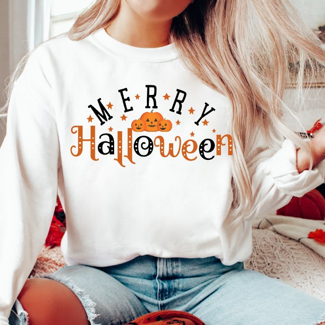 Moletom Na moda e Trendy Feliz Halloween (Stylish and Trendy Orange and Black Festive 'Merry Halloween' Sweatshirt)