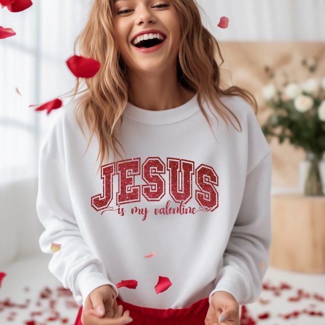Moletom Na moda Jesus É Minha Sequência Vermelha Namorados (Stylish Jesus Is My Valentine Red Faux Sequin Sweatshirt)