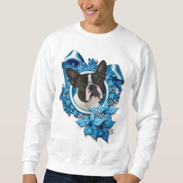 Moletom Natal - flocos de neve azuis - Boston Terrier (Frente)