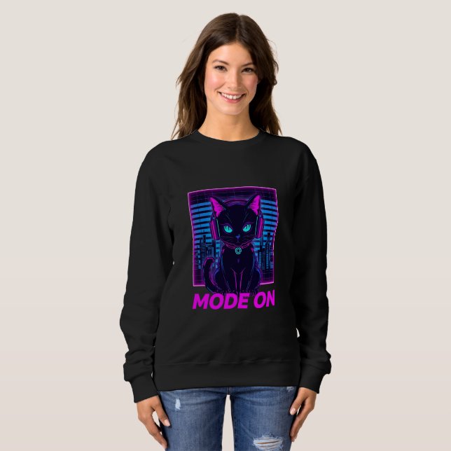 Moletom Neon Cat Mode ON - Cyberpunk Gamer Hoodie & T - (Frente Completa)