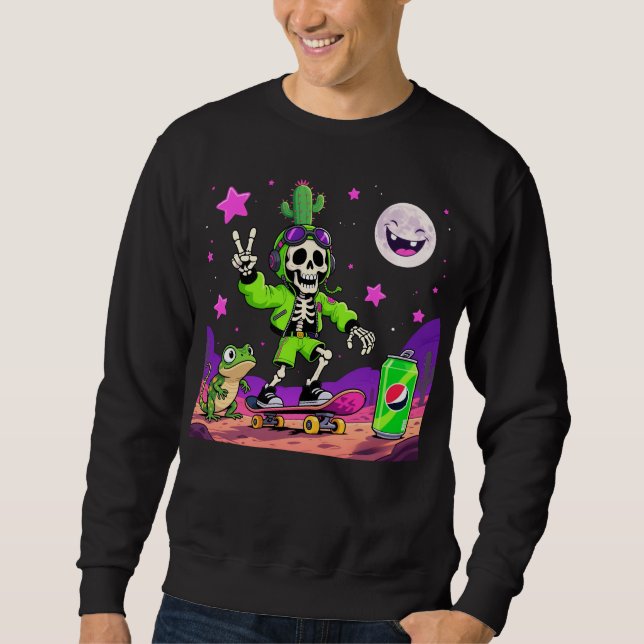 Moletom Neon Skeleton Skateboarder Rebel Cartoon (Frente)