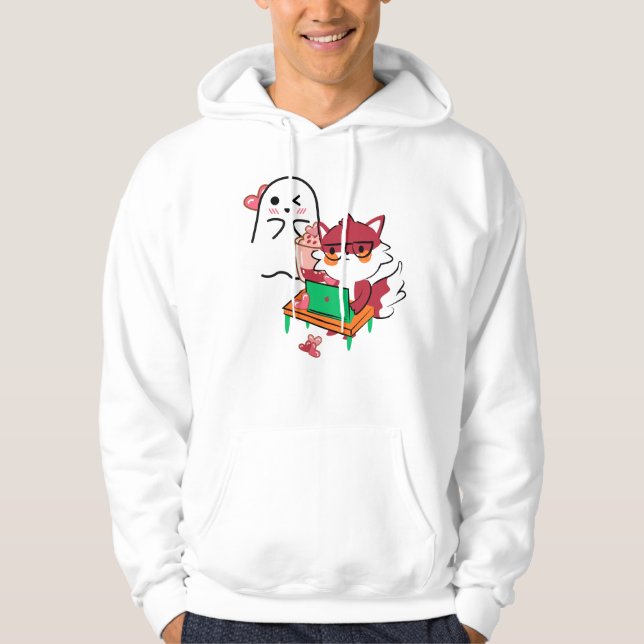 Moletom Nerd Fox Laptop de Trabalho Fantasma Fofo & Bebida (Frente)