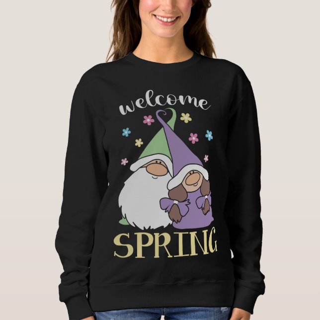 Moletom Olá Primavera floral Gnomos casais Flores Bem-vind (Frente)