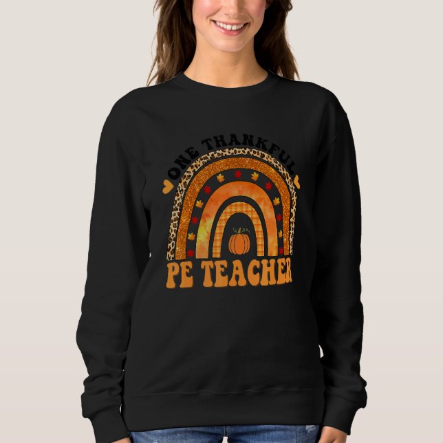 Moletom One Thankful PE Teacher Rainbow Leopard Groovy Tea (Frente)