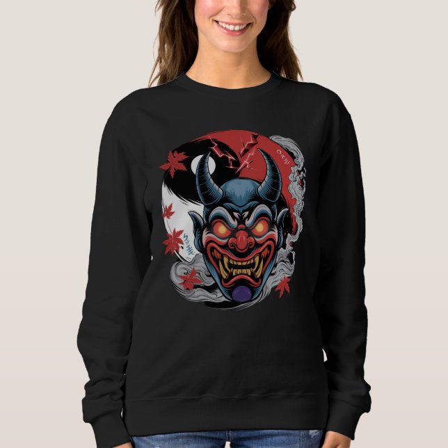 Moletom Oni Máscara Japonesa com Yin-Yang e Folhas de Mapl (Frente)