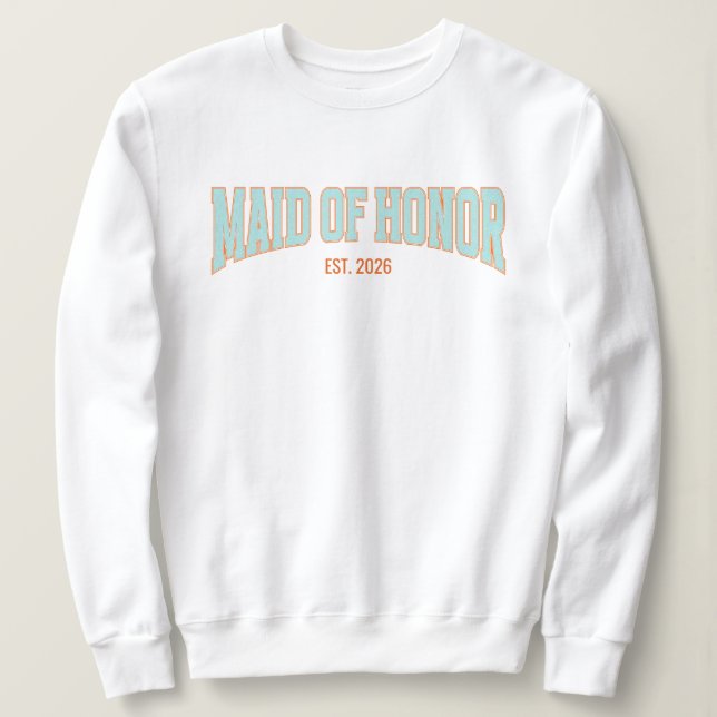 Moletom Orange + Teal Faux Glitter Varsity MAID OF HONOR  (Frente do Design)
