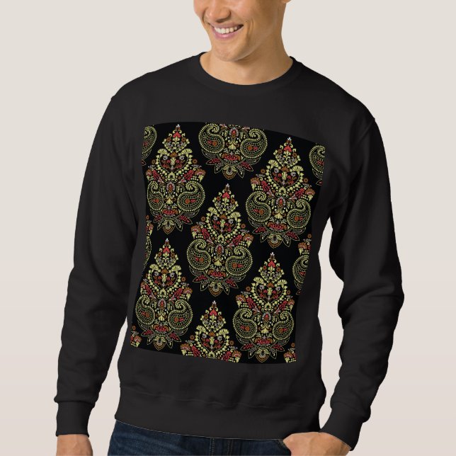 Moletom paisley indiano, fundo negro geométrico (Frente)