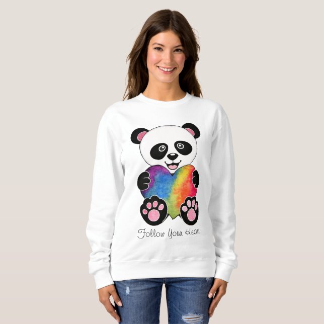 Moletom Panda Cuta De Aquarela Com Coração Arco-Íris (Frente Completa)