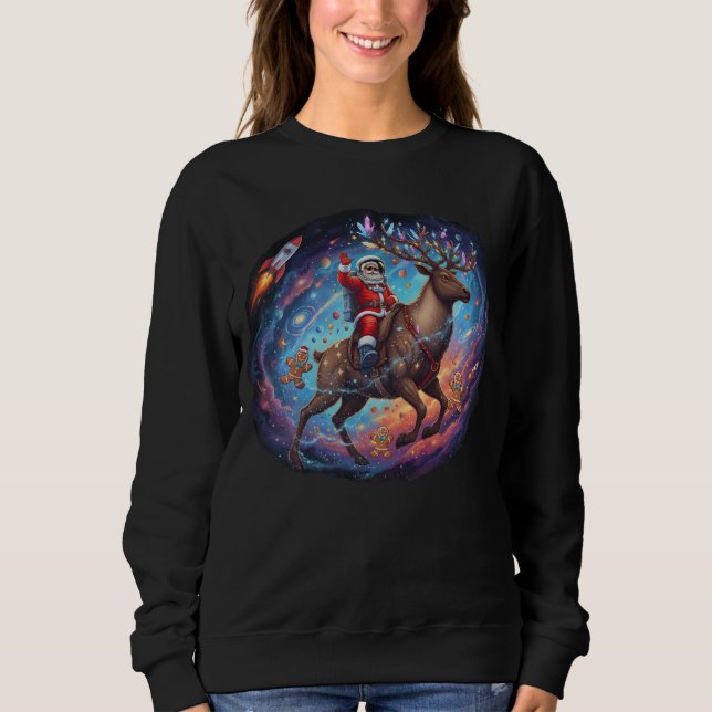 Moletom Papai Noel Astronauta Montando Rena Voadora Espaço (Frente)