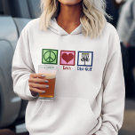 Moletom Peace Love Disk Golf<br><div class="desc">Um presente de Natal de golfe em disco bonito com um sinal de paz, coração e cestos de golfe de disco voadores usados por um golfista. Legal campo de golfe de disco.</div>