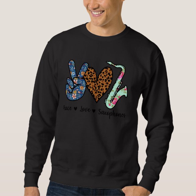 Moletom Peace Love Saxophones Leopard (Frente)