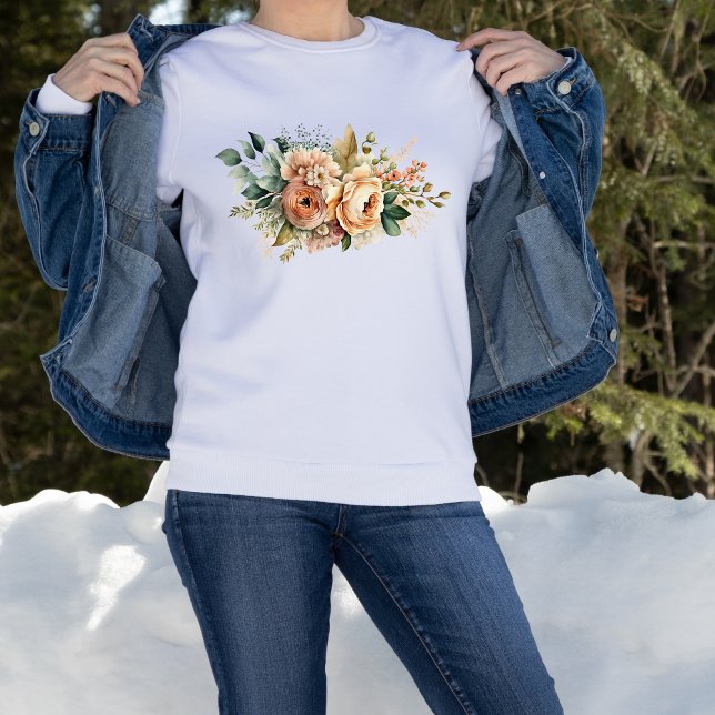 Moletom Peach Greenerescente Botânica Aquarela Buquê Flora (Peach Watercolor Wildflower Bouquet with Greenery and Botanicals on White Sweatshirt)