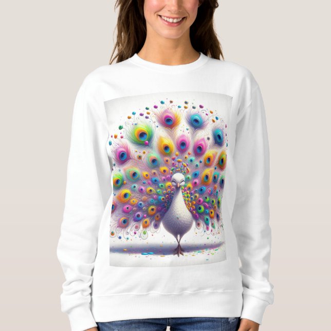 Moletom "Peacock Parade: Tee feminino multicolor" (Frente)