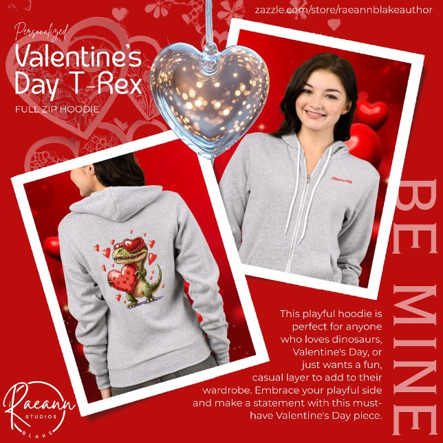 Moletom Personalized Valentine's Day T-Rex Full-Zip Hoodie (Criador carregado)