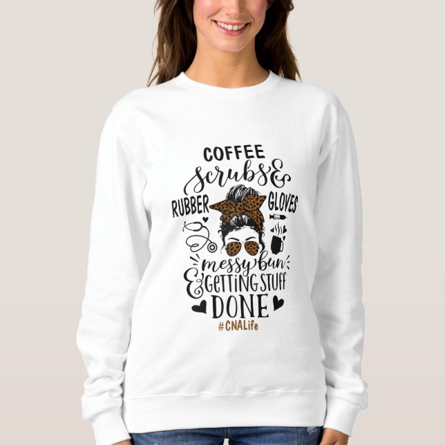 Moletom Ph Leopard Messy Bun Enfermeira CNA Vivendo Café (Frente)